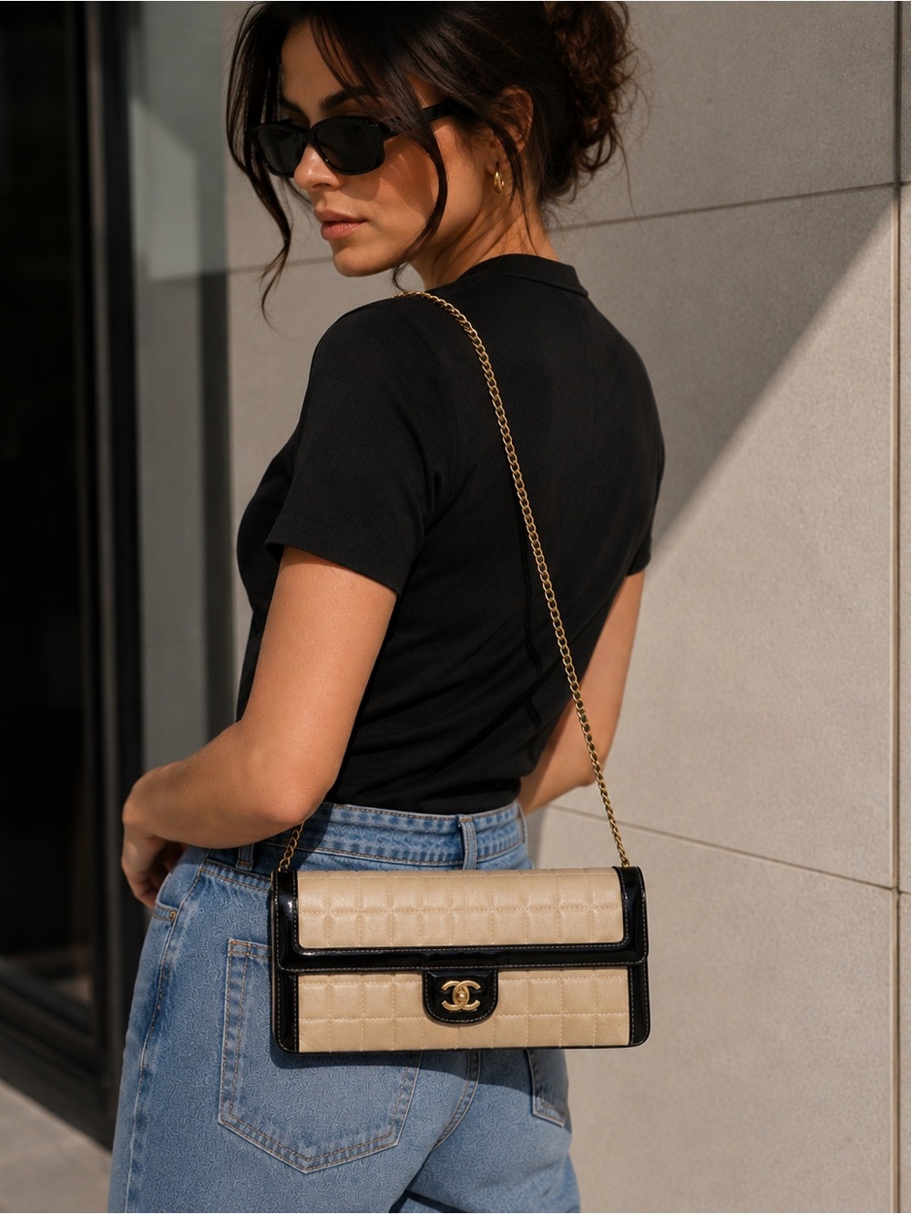 CHANEL Vintage Chocolate Bar Beige Lambskin Black Patent Shoulder Bag